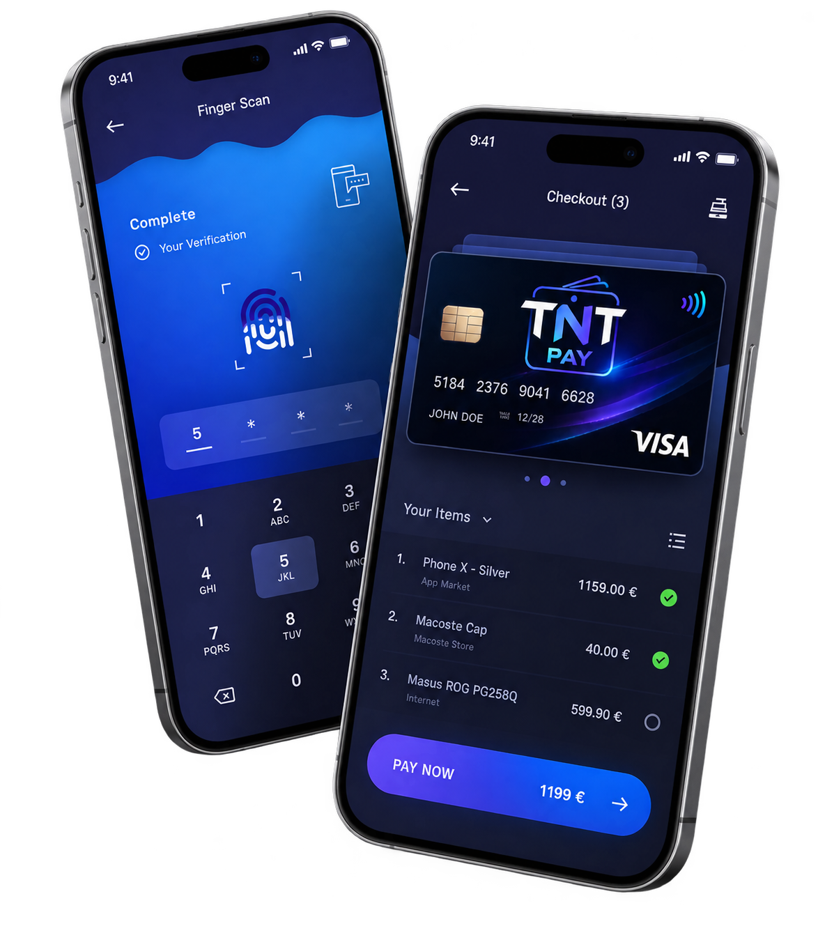 TNT Pay app: identity check and checkout screens
